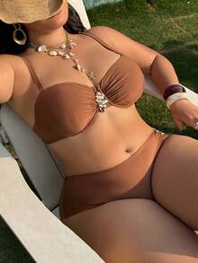 Swim SXY Plus Size Women Summer Beach Solid Color Metal Decor Halter Tie Sexy Bikini And Triangle Briefs Swimwear Set - Coffee Brown - View 3