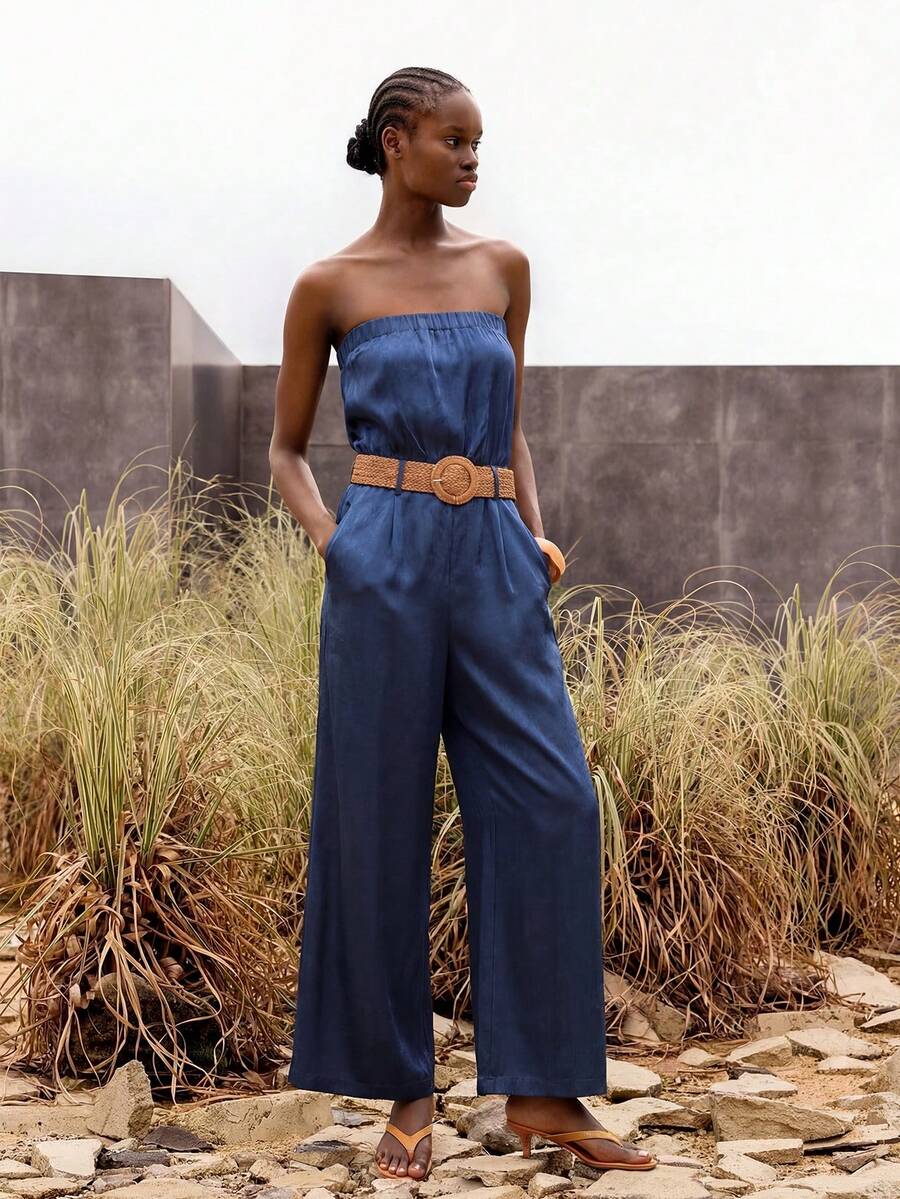 Lumivelle Women's Summer Elegant Navy Blue Jumpsuit,Denim Effect Bandeau Top Cinched Waist With Woven Belt,Loose Bottom Casual Retro Holiday Vacay Outfit Sets - Navy Blue - View 1