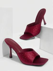 CUCCOO SZL Giày sandal thời trang nữ, giày cao gót thanh lịch dành cho nữ, giày cao gót đính đá, giày mũi vuông. - Màu Đỏ Sâu - Xem 1