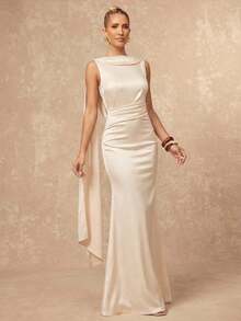 Lumalex 女士优雅杏色褶皱领无袖修身喇叭连衣裙，春夏款 - 杏色 - 查看 6