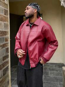 Heavens Edit 男士秋冬落肩长袖拉链红色 PU 皮夹克 - 紅色 - 查看 3