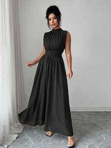 Elenzga 女士春夏法式浪漫西西里优雅休闲通勤度假下午茶派对纯色雪纺立领宽松交叉系带A字蝴蝶结无袖长裙 - 黑色 - 查看 6