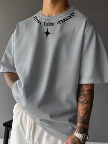 Manfinity EMRG 男士休闲字母印花短袖T恤，夏季 - 灰色 - 查看 1