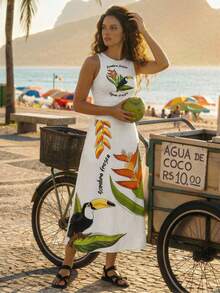 CAJUNI Chân váy midi cạp cao in họa tiết cây nhiệt đới dành cho nữ - Màu be - Xem 9