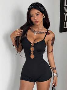 Coolane Women's Spring/Summer Streetwear Chic Y2K Music Festival Sexy Grommet Eyelet Cut Out Stretchy Vest Short Romper - Black - View 3