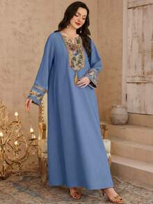 Al Najma Áo tunic cổ nơ hoa 3D và váy dài truyền thống Ả Rập dành cho nữ mùa xuân/hè. - Màu xanh lam - Xem 4