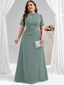 Coutiva Đầm dạ hội cỡ lớn dành cho nữ, cổ đứng, đính ngọc trai, thanh lịch, thắt eo. - Màu xanh Ô liu - Xem 5