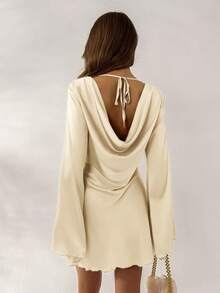 Aloruh Women's Spring/Summer New Elegant Retro Solid Color Apricot Long Sleeve Backless Draped Neck Dress, Suitable For Dates, Afternoon Tea - Apricot - View 2