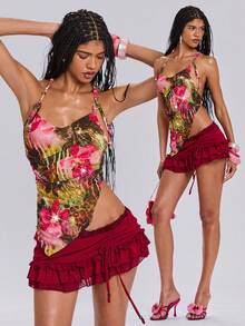 ROMWE Y2K Spring/Summer Beach Vacation Sexy Plumeria Print Halter Neck Sleeveless Top With Cylindrical Hem Decor - Green - View 8