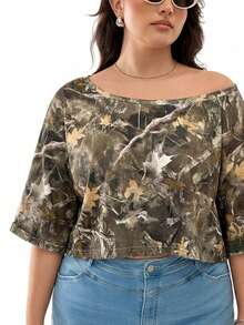 SHEIN EZwear 植物印花休闲宽松大码女式落肩T恤 - 彩色 - 查看 6