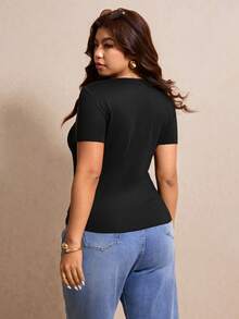 Elaquor Plus Size Women Summer Casual Solid Color Short Sleeve Top Spring/Summer Black Top V Neck Blouse For Elegant Women - Black - View 2
