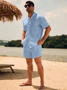 CoralVoy Men's Solid Color Regular Shoulder Short Sleeve Front Button Casual Beach Set, Holiday - Baby Blue - View 3