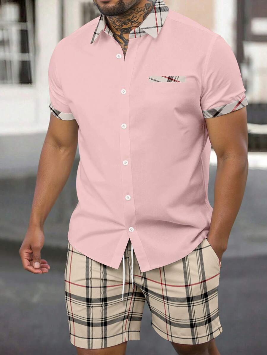 Manfinity Homme Men's Plaid Patchwork Short Sleeve Shirt And Shorts Casual Suit - Multicolor - View 1