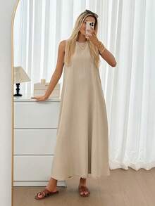 Easowa Loose Sleeveless Midi Dress With Irregular Hem, Pleated Back Tie, Textured Chiffon Fabric, Casual Relaxed Elegant Office/Vacation Wear For Women, Spring/Summer - Apricot - View 5