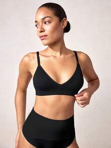 SHEIN 女士休闲色露背布质中度弹力文胸 - 黑色 - 查看 4