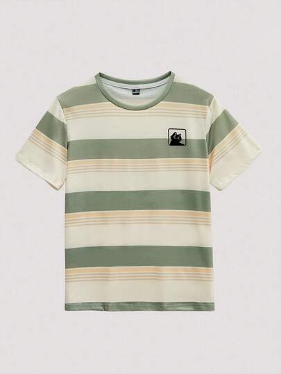 Open Phase Men's Casual Striped T-Shirt With Funny Cat Pattern, Versatile, Suitable For Summer, Great Gift For Friends