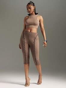 Denimoi Quần lửng co giãn buộc dây, quần gợi cảm, quần thời trang, trang phục đi club, đi xem hòa nhạc, đi chơi. - màu nâu - Xem 3