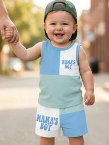 SHEIN Playful Pals 2pcs Baby Boy Casual Colorblock Patchwork "MAMA'S BOY" Letter Print Tank Top And Shorts Set, Suitable For Spring To Summer Outfits - Multicolor - View 1