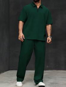 Manfinity Homme Plus Size Men's Solid Color Short Sleeve Polo Shirt And Pants Set - Dark Green - View 4