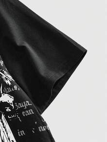 ROMWE MEN Goth 男士十字标语印花短袖休闲亨利领T恤 - 黑色 - 查看 4