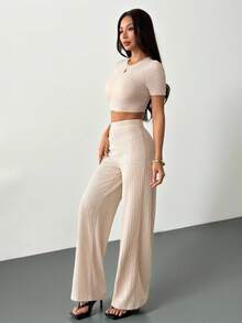 SHEIN PETITE 新款休闲基础运动风春夏圆领短袖露脐T恤+阔腿超长裤玫瑰红条纹针织面料女装两件套-I - 杏色 - 查看 6