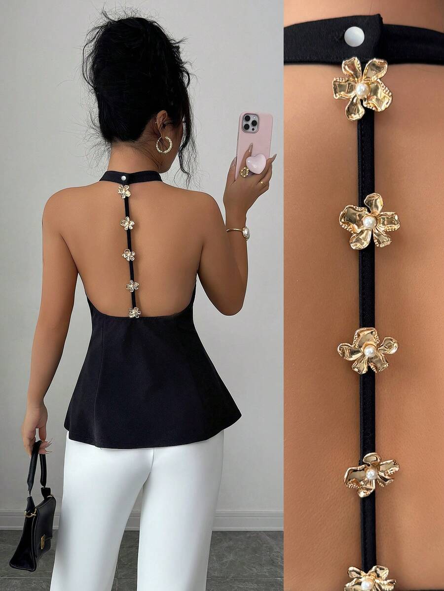 Elenzga 女士性感露背金属扣装饰针织收腰领纯色吊带背心，春夏款 - 黑色 - 查看 1