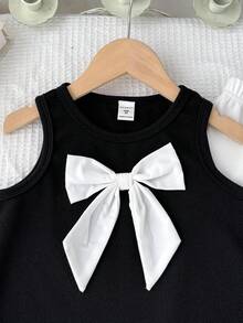 Cute Young Girls Black Colorblock Bowknot Ruffle Round Neck Long Tank Top Co-Ords - Black - View 3