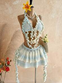 Soleia Women's Frill Trim Knit Halter Top And Double Frill Trim Knit Midi Skirt Set - Multicolor - View 3