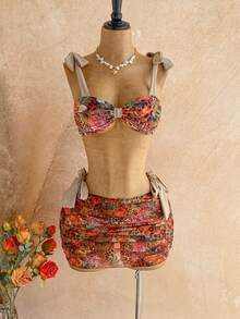Women's Leopard & Floral Print Bikini Cover Up & Skirt Swimwear Set, Vacation & Beach Summer Bathing Suit - Multicolor - View 4