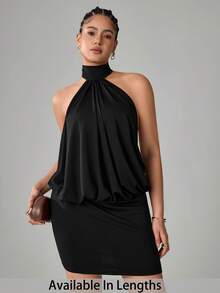 SHEIN PETITE CURVE Elegant Black Summer Mini Dress For Women, Backless Halter Night Out Club Party Dress,Petite High-Waisted Stretch Wedding Guest Outfit - Black - View 1