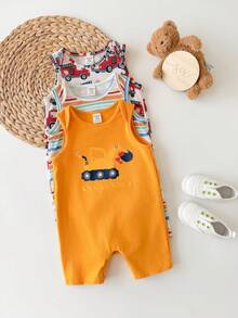 3pcs/Set Newborn Baby Boy/Girl Cute Cartoon & Striped Knitted Romper, Summer - Multicolor - View 3