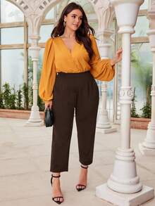 SHEIN Essnce Plus Size Casual Versatile Commute Solid High Waist Pants - Coffee Brown - View 5