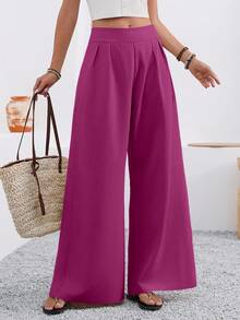 EMERY ROSE Women's Solid Color Pleated Pocket Wide Leg Loose Casual Pants - Red Violet - View 3