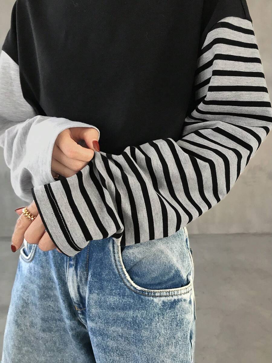 FRIFUL Women's Striped Patchwork Round Neck Loose Casual Long Sleeve T-Shirt Summer - Black - View 1