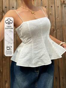 Dazy Plus Camiseta de encaje ajustada y elástica, color blanco versátil, para /verano - Blanco - Ver 1