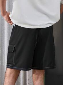 Open Phase 男士夏季抽绳腰带翻盖口袋工装短裤，黑色 - 黑色 - 查看 2