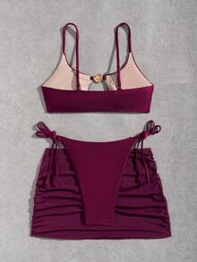 Bonvoyette 3 pièces Ensemble de bikini sexy violet rouge pour femmes, avec découpes, décoration de coquillage doré, bretelles ajustables, liens sur les côtés, froncé, mini-jupe en maille, convient pour la natation, les vacances, la plage, les fêtes de piscine - Fushia - Voir 3