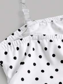 SHEIN 少女法式复古修身休闲简约舒适柔软黑白波点无袖不对称下摆背心 - 白色 - 查看 3