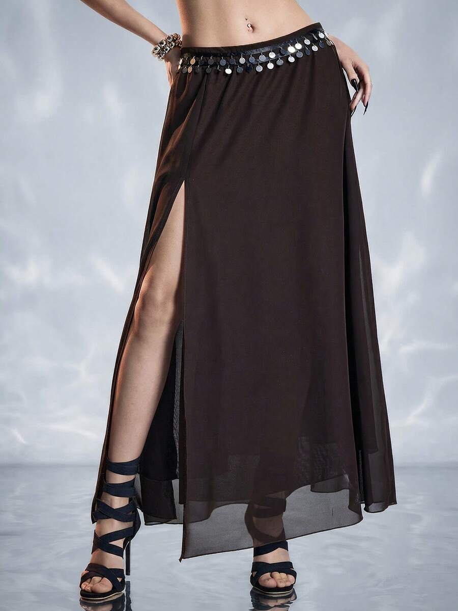 ROMWE Vacation Outfit Ocean Shell Pendant Side Slit Skirt For Women - Brown - View 1