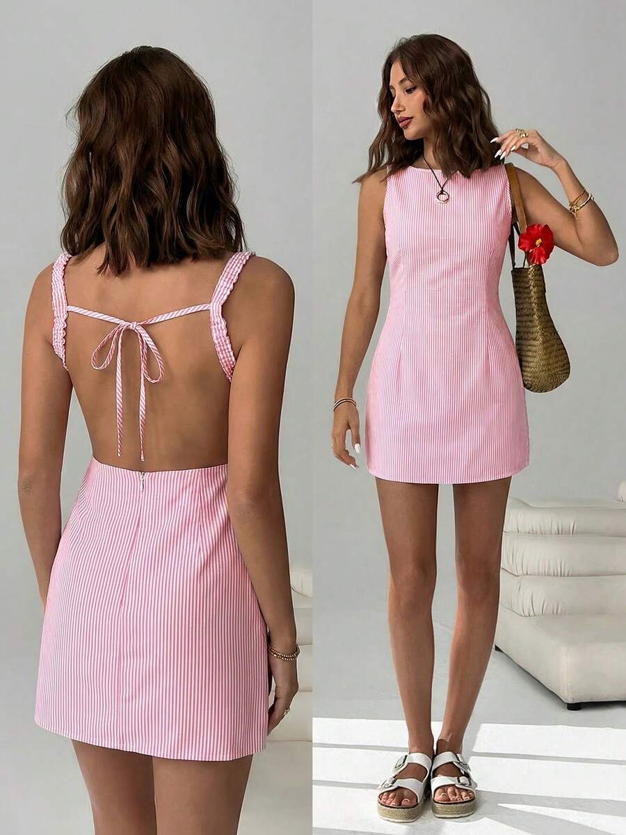 SHEIN EZwear Đầm dệt sọc mùa hè không tay cổ thuyền, hở lưng, buộc dây dành cho nữ - Hồng - Xem 1