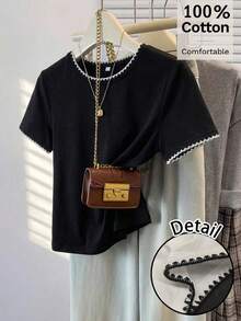 SHEIN Frenchy 休闲简约宽松圆领短袖白色狗牙贝壳花真刺绣装饰女式T恤，适合夏季穿着，复古风格 - 黑色 - 查看 1