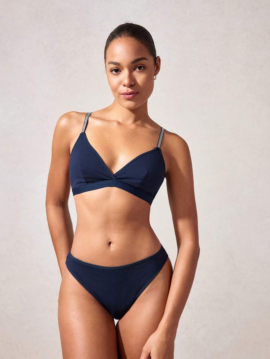 Veilyse 2pcs Women's Lingerie Set, Non-Wired Bra With Sparkling Shoulder Strapfor Summerfor Summer - Blue - View 1