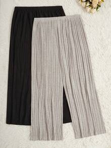 Lowkey Lull 2pcs Simple Solid Color Ultra-Soft Thin Rib Fabric Loose Casual Slimming Plus Size Straight Leg Cozy Pants, Spring/Autumn, Fall Winter Clothes - Multicolor - View 3