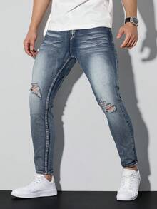 Manfinity LEGND 春夏休闲街头水洗蓝色修身破洞弹力牛仔裤 - 藍色 - 查看 4