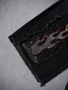 Manfinity EMRG American Distressed Rhinestone Flame Embellished Jeans - Black - View 4