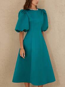 Aveloria Rosie Đầm midi xòe sang trọng, thanh lịch dành cho nữ, chất liệu satin, tay bồng, cổ tròn, phối đá lấp lánh, eo dây xích, thích hợp cho các buổi hẹn hò. - Màu xanh Cadet - Xem 3