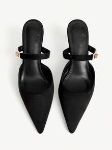 CUCCOO CHICEST 女士7.2厘米金属扣尖头细高跟绒面革黑色棕色穆勒鞋，通勤、工作、约会、日常百搭套脚鞋 - 黑色 - 查看 2