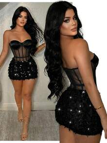 SHEIN SXY Faux Fur & Leopard Print Sequin Embellished Bandeau Mini Dress - Black - View 6