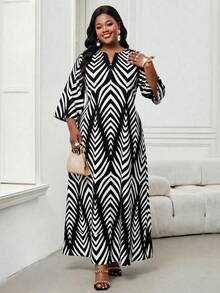 SHEIN Lady Vestido estampado de moda para talla grande para uso diario - Blanco y Negro - Ver 5