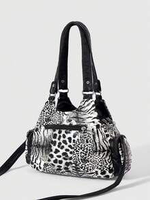 ROMWE Grunge Punk 时尚女士单肩包 朋克豹纹女士包 女士手提包 火车头辣妹包 斜挎女士包 通勤女士包 - 黑與白 - 查看 4